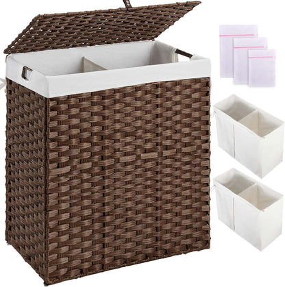 Greenstell Laundry Hamper with 2 Removable Liner Bags, Foldable Divided Clothes Hamper, 90L Handwoven Rattan Laundry Basket with Lid and Handles, No Assembly Needed, 18.3x13.3x24 Inches, Black