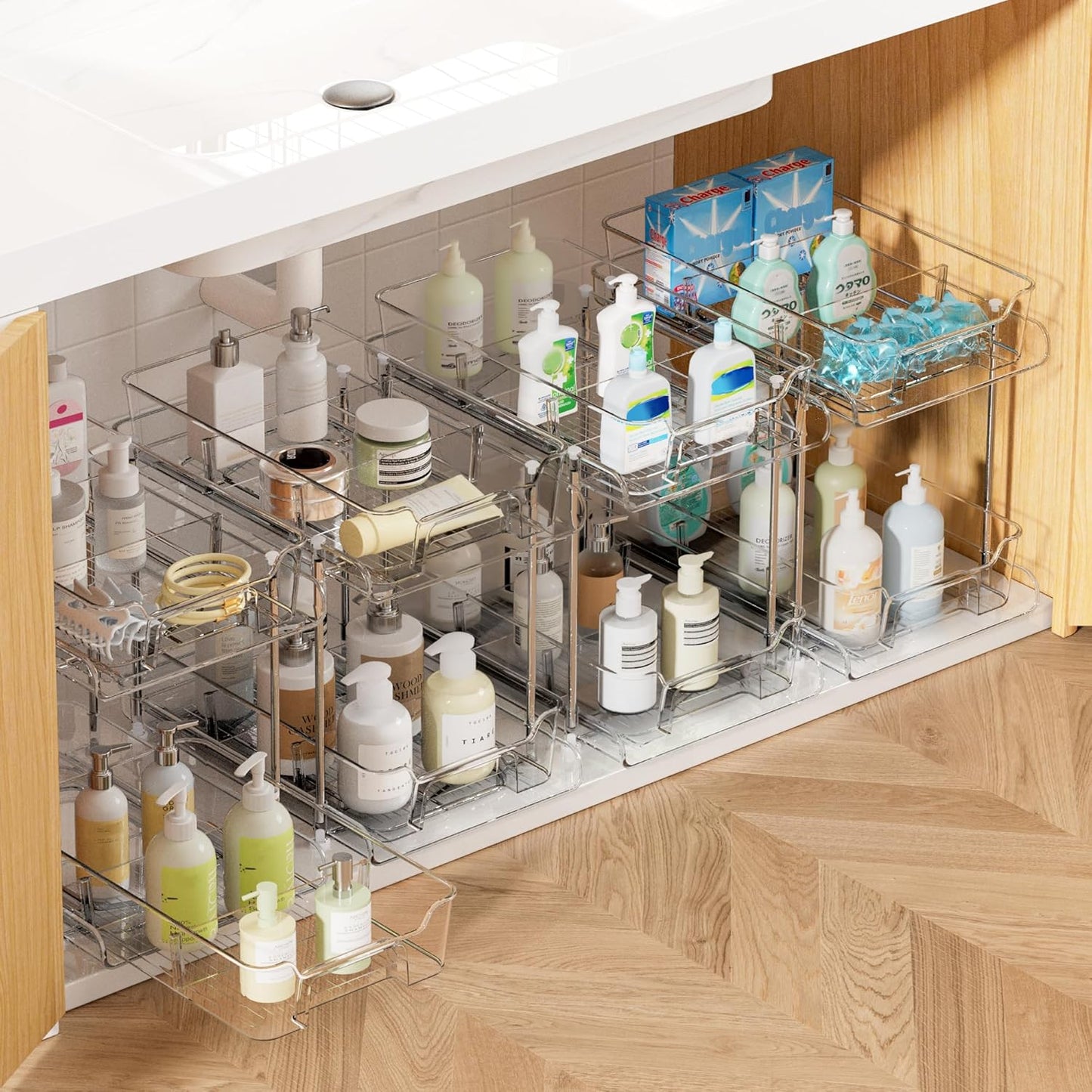 Vtopmart 2 Tier Bathroom Storage Organizer, 2 Pack Clear Under Sink Organizers Vanity Counter Container, Cabinet Drawers Bins, Pull-Out Organization with Track for Pantry, Kitchen