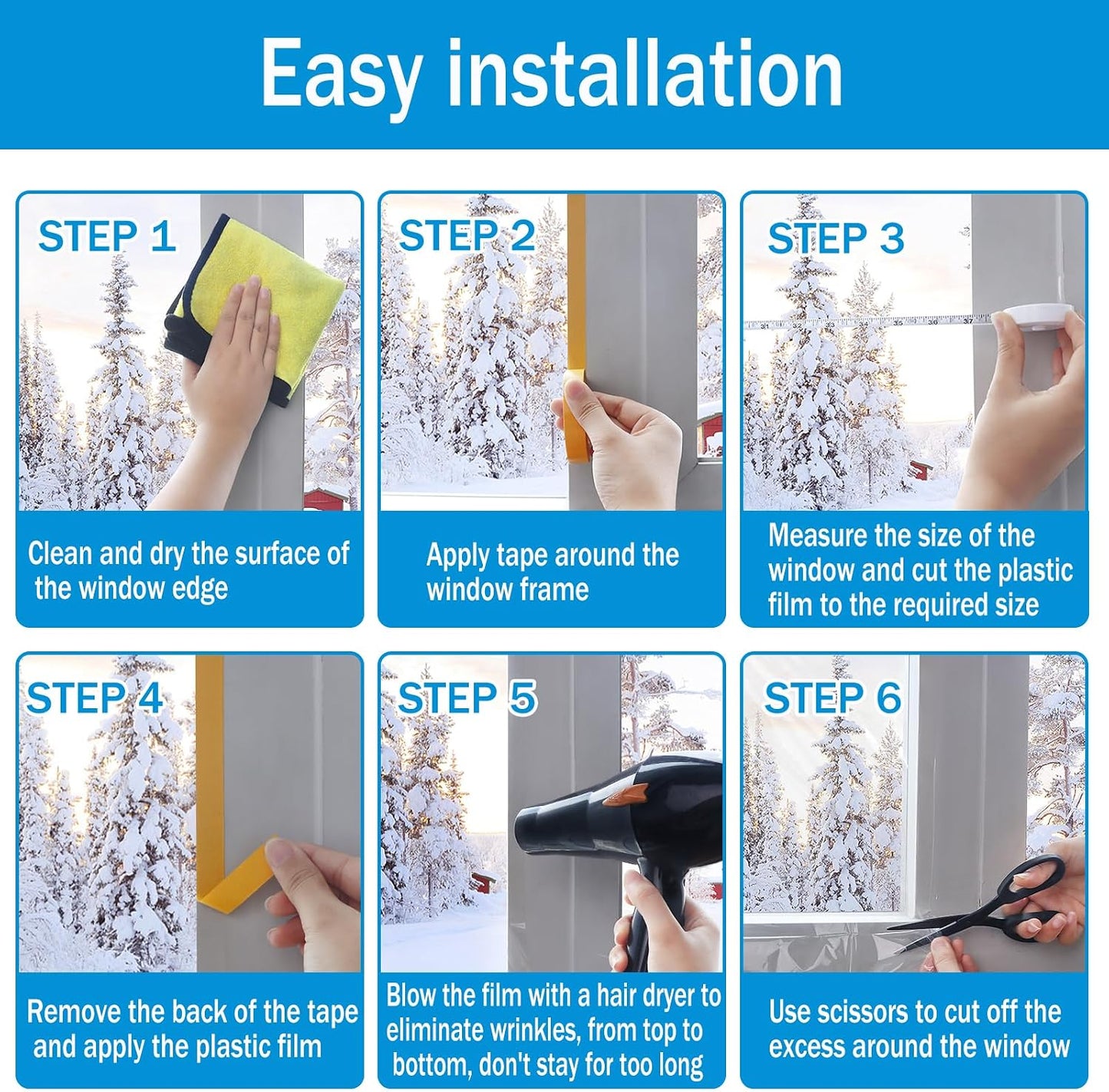 Window Insulation Kit, 63 × 394 Inch Plastic Window Covering for Winter, Window Insulation Film Window Wrap Insulation Windows Winterizing Kit with Double-Sided Tape for 10 Pcs 3 x 5 Ft Windows
