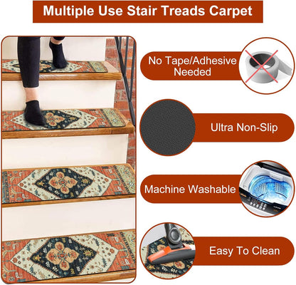 OJIA Non-Slip Carpet Stair Treads for Wooden Steps Set of 15, 30''X8'' Indoor Runner Resistant Rugs Rubber Safety Mats for Dogs, Kids & Elders, Stairway Grip