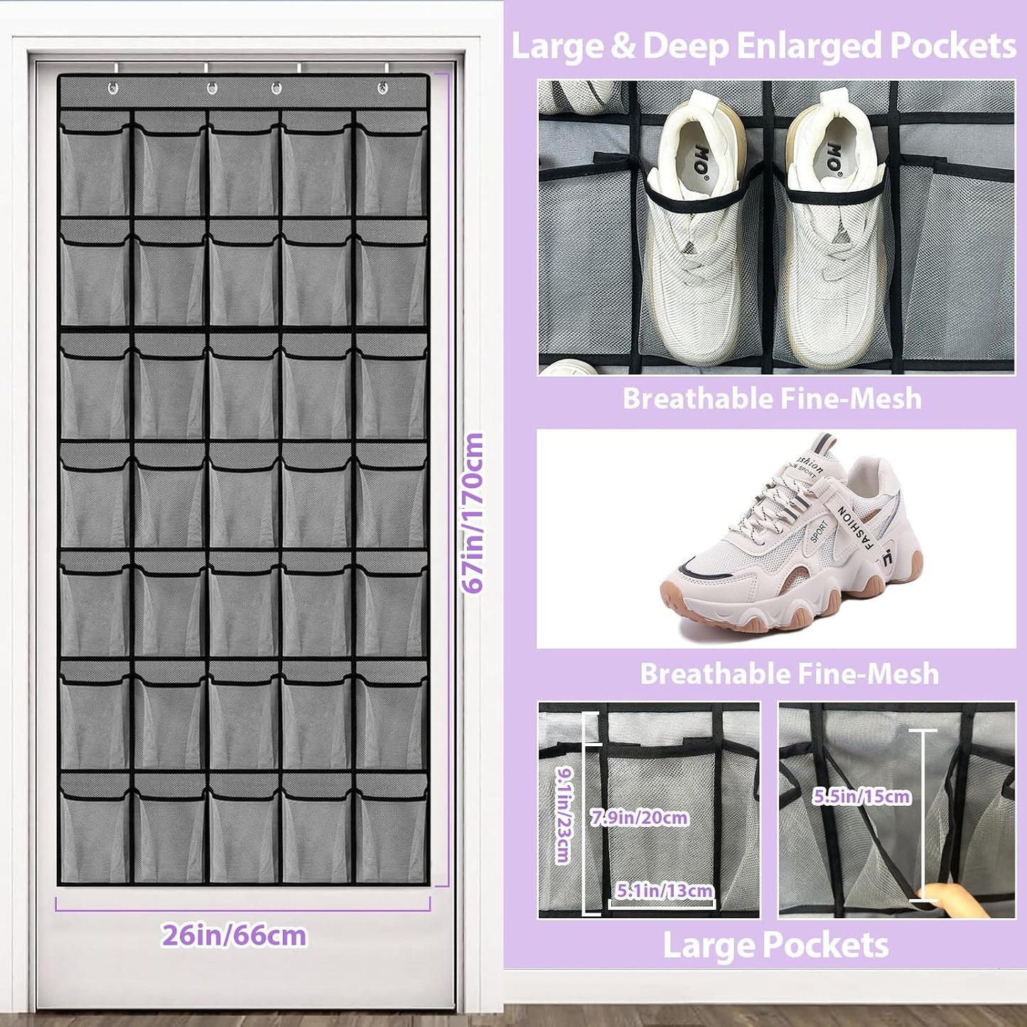 homyfort Over the Door Shoe Organizer, Hanging Shoe Rack Storage Holder with 24 Large Pockets for Closet Door, Men Women Kids Shoes, Cruise (Black)