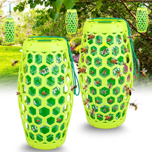 Wasp Trap Bee Catcher - Outdoor Hanging Carpenter Bee Traps with 4 Sticky Boards, Non-Toxic Reusable Hornet & Yellow Jacket Trap, 2 Pack (Green)