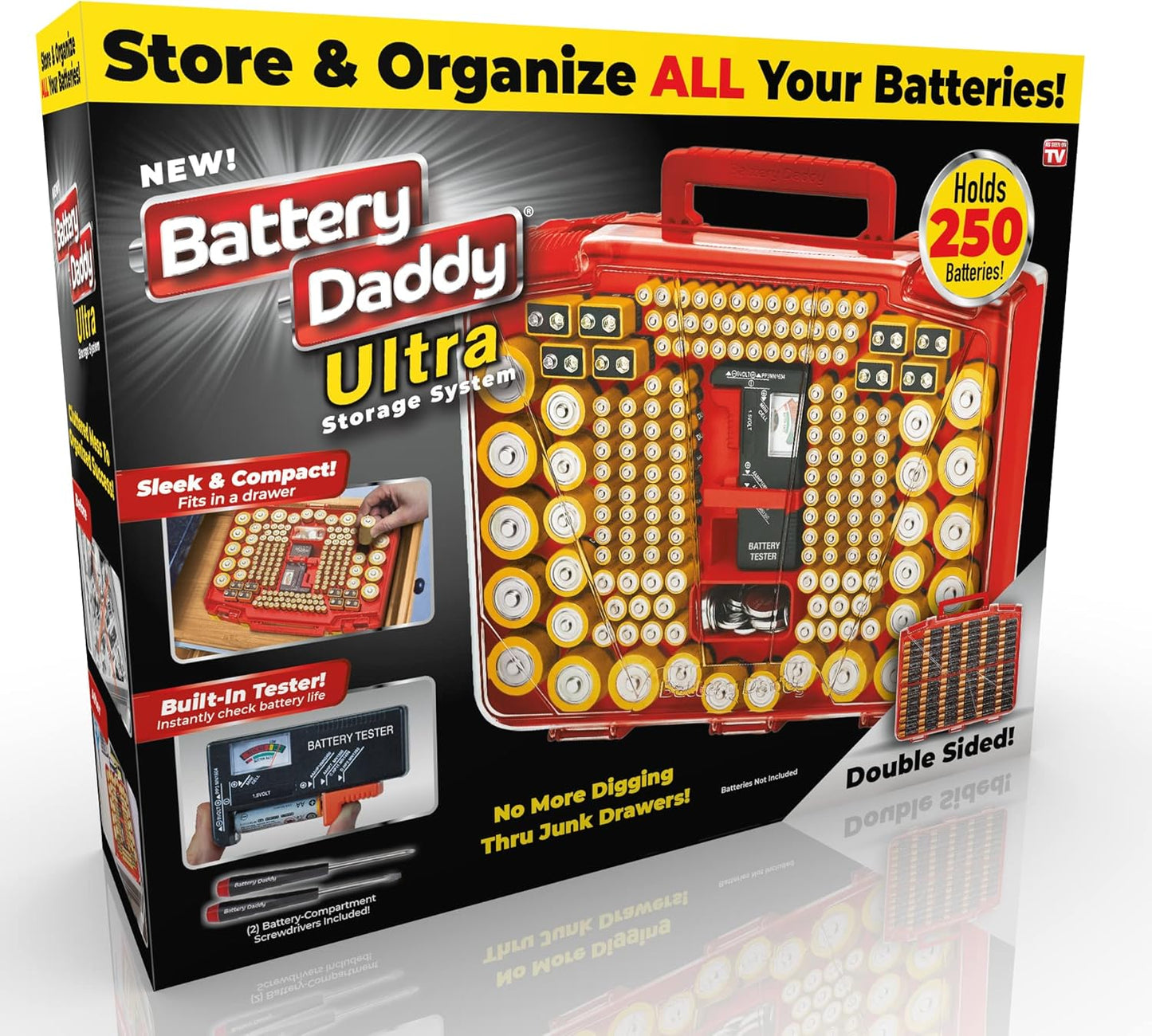 Battery Daddy Storage & Organizer Case w/Light and Tester, Stores & Protects Over 200 Batteries, Double-Sided, Clear Locking Lid, Secure Latches & Portable Handle- Black (Batteries Not Included)