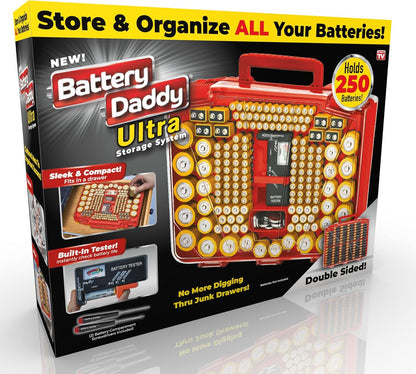 Battery Daddy Storage & Organizer Case w/Light and Tester, Stores & Protects Over 200 Batteries, Double-Sided, Clear Locking Lid, Secure Latches & Portable Handle- Black (Batteries Not Included)