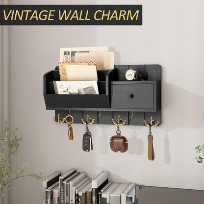 Rebee Vision Key and Mail Holder Wall Mount - Mail Organizer Wall Mount with Storage Hooks and Drawer for Modern Farmhouse Decor - Mail Organizer Wall Mounted for Rustic Apartment Essentials (Brown)