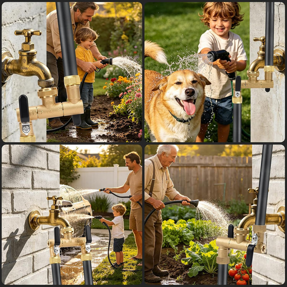 2 Way Garden Hose Splitter, Brass Y-Valve Hose Splitter. | Brass Garden Hose Splitter, 2 Way Heavy Duty Faucet Splitter with Shut Off Valve, 3/4" GHT Thread, Hose Bib Adapter