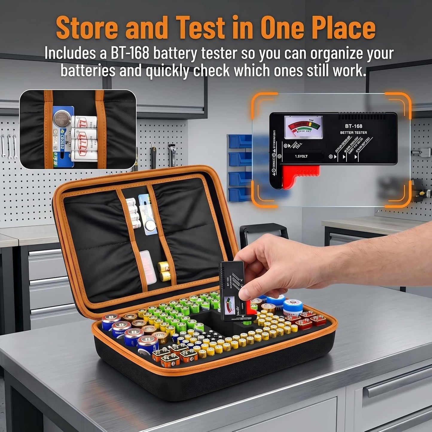 Comecase Battery Storage Case with Tester, Holds 148+ AA AAA C D 9V, Black | Hard-Shell Design, Carry Handle and Custom Foam Slots Keep Batteries Visible, Separated and Ready for Home, Garage or Office