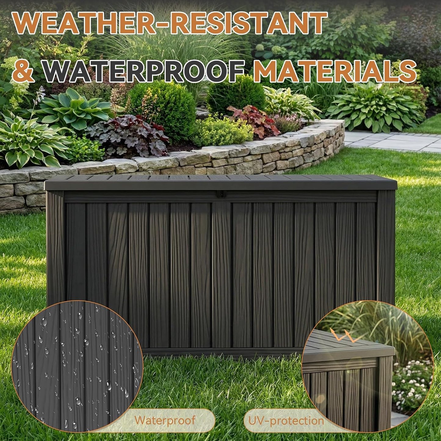 60 Gallon Outdoor Waterproof Storage Box, UV Resistant Resin Deck Box with Built-in Handle, Outdoor Storage Container for Patio Furniture, Garden Tools, Patio Cushions, Black