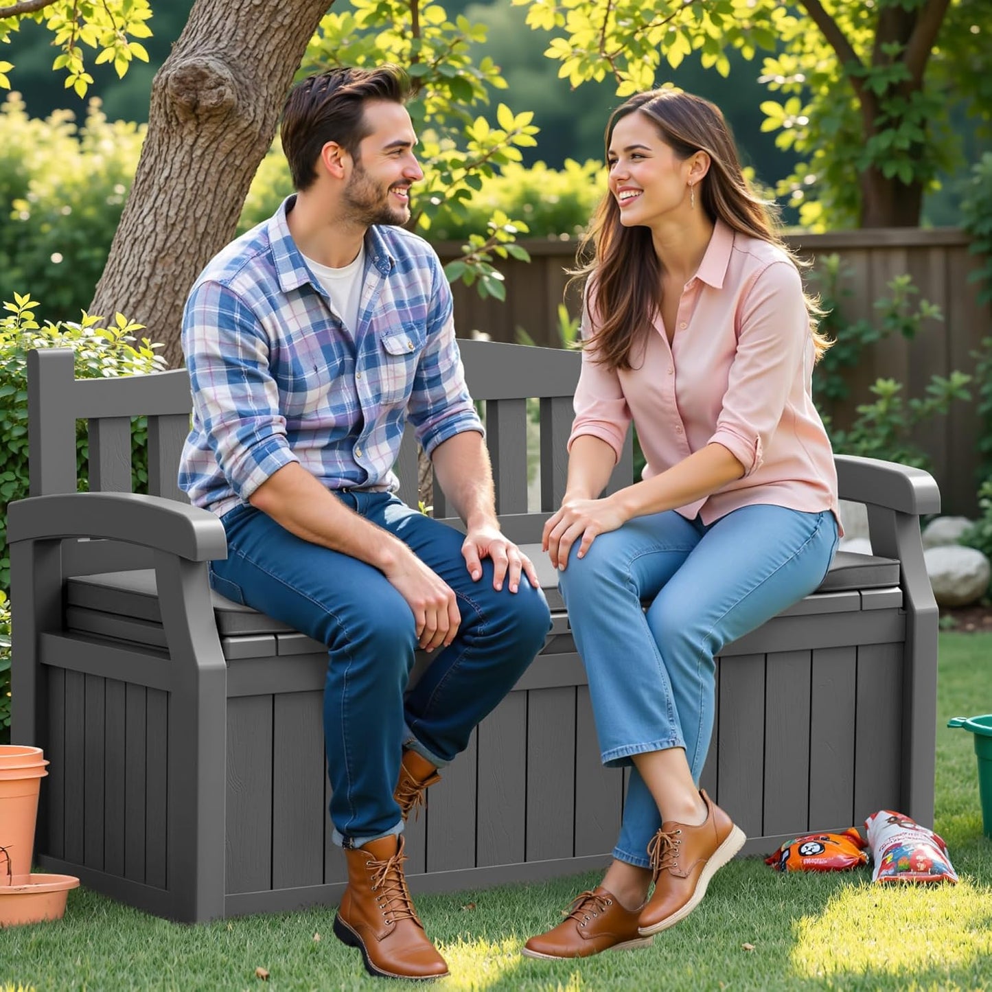 Flamaker 80 Gallon Storage Bench Outdoor Indoor, Durable All-Weather Seating with Hidden Storage, Lockable Deck Box for Garden, Patio, Poolside (Brown)