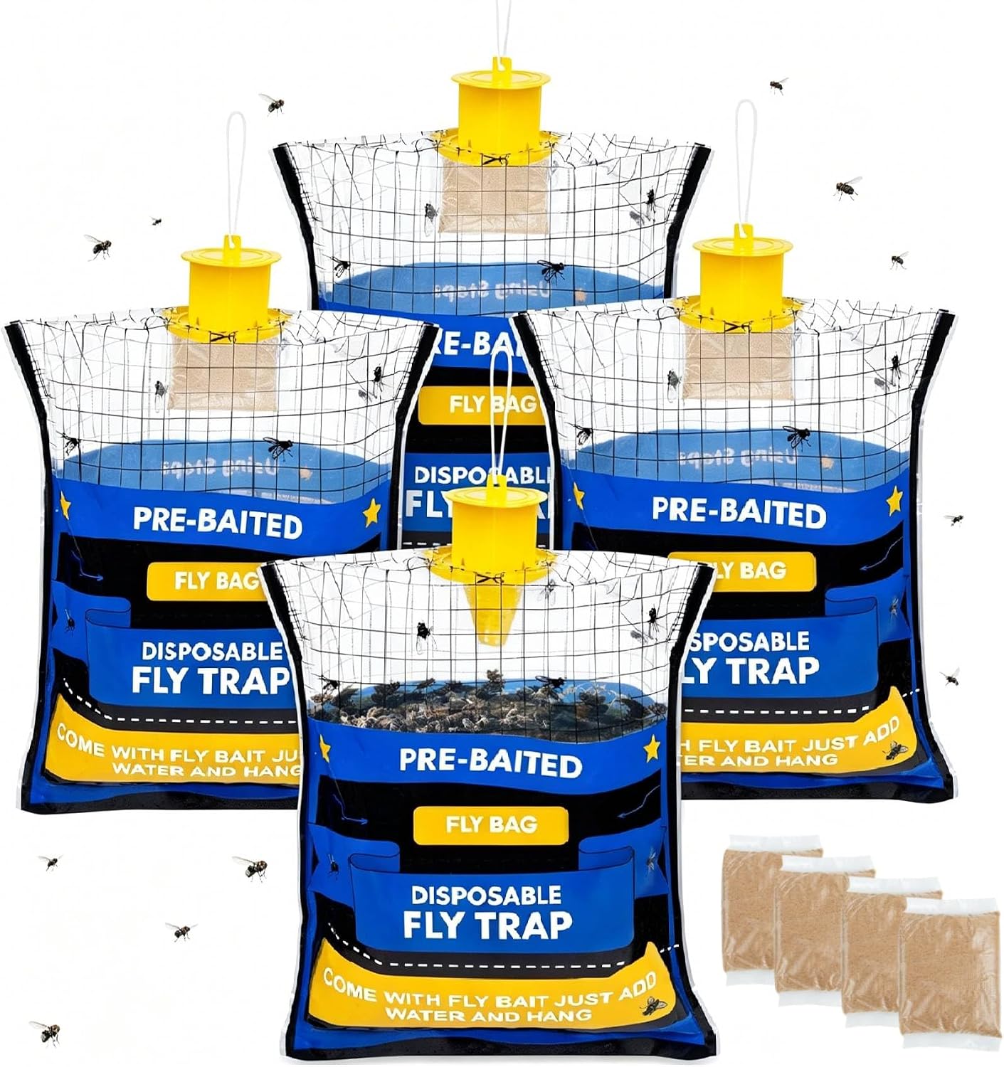 Big Disposable Hanging Fly Trap Bag 4 Pack for Chicken Coop Barn Ranch Farm | 50g Dissolvable Bait Fly Hunter for Flying Insects, Large Clear Capacity, No Messy Cleanup, Weatherproof Outdoor-only Use