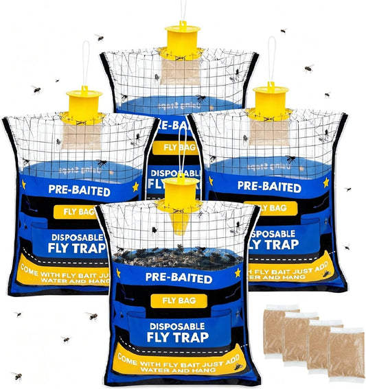 Big Disposable Hanging Fly Trap Bag 4 Pack for Chicken Coop Barn Ranch Farm | 50g Dissolvable Bait Fly Hunter for Flying Insects, Large Clear Capacity, No Messy Cleanup, Weatherproof Outdoor-only Use