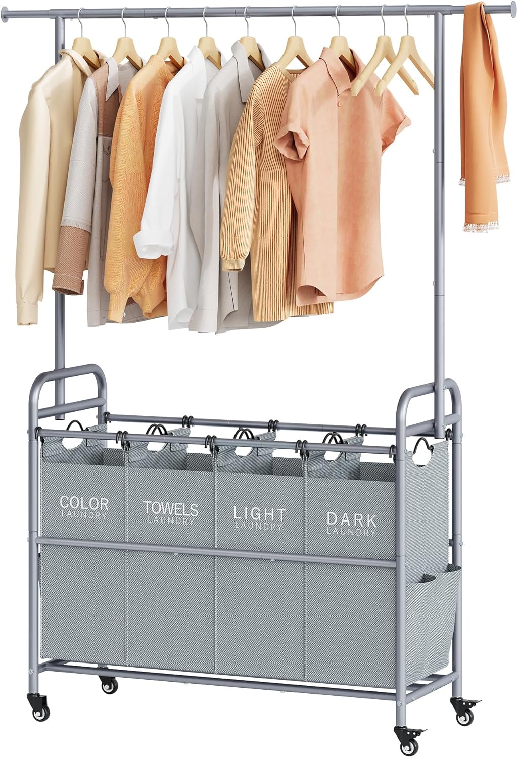 Tajsoon Laundry Hamper with Hanging Rack, 3 Section Laundry Sorter with Heavy Duty Lockable Wheels, Laundry Basket Organizer for Dirty Clothes Storage, 3 Beige