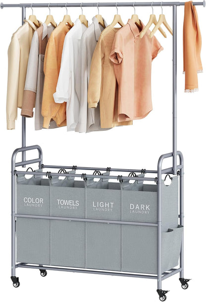Tajsoon Laundry Hamper with Hanging Rack, 3 Section Laundry Sorter with Heavy Duty Lockable Wheels, Laundry Basket Organizer for Dirty Clothes Storage, 3 Beige