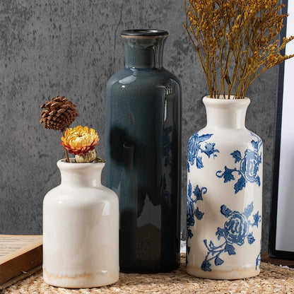 Ceramic Vase Set of 3 with Handles, Green White Neutral Rustic Modern Farmhouse Boho Decor, Versatile as Table Centerpiece or Mantel & Shelf Accent - Unique Home Gift Idea