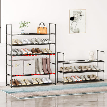 5 Tier Tall Shoe Rack Large Capacity, 34.5" Wide Entryway Shoe Organizer, Stackable Metal Frame Waterproof Nonwoven Shelves, Holds 20-25 Pairs, Space Saving Storage for Closet Hallway Garage, Black