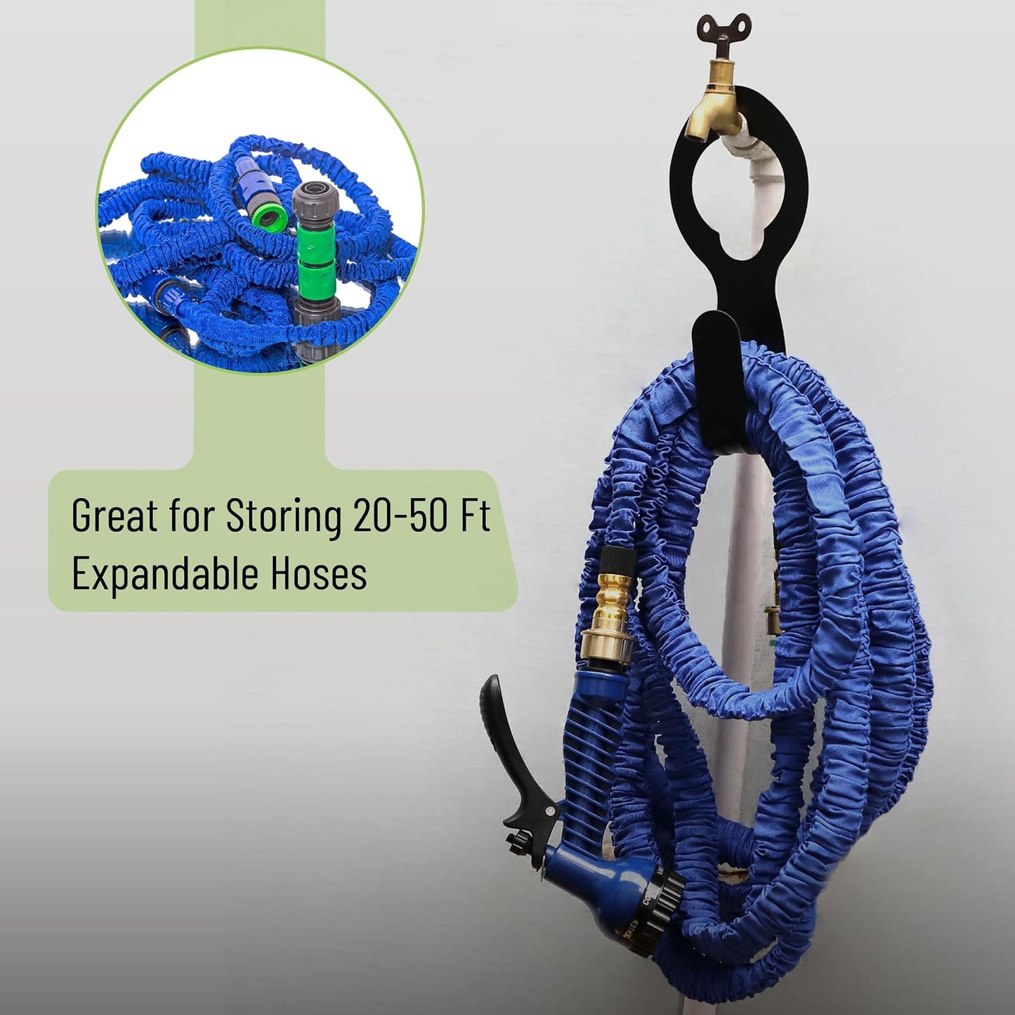 UNCO- Small Garden Hose Holder, Metal, Fits 20-50 ft 5/8” Expandable Hose | Wall Mounted Hose Rack, Outdoor Water Storage Bracket for Yard, Garden Organization and Easy Access Storage Use