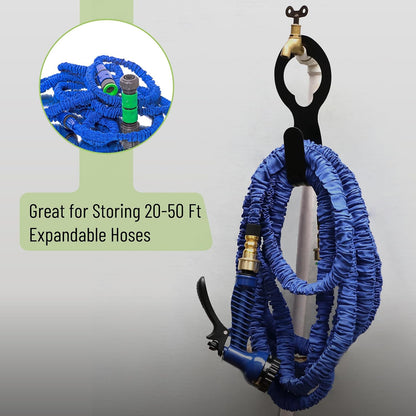UNCO- Small Garden Hose Holder, Metal, Fits 20-50 ft 5/8” Expandable Hose | Wall Mounted Hose Rack, Outdoor Water Storage Bracket for Yard, Garden Organization and Easy Access Storage Use
