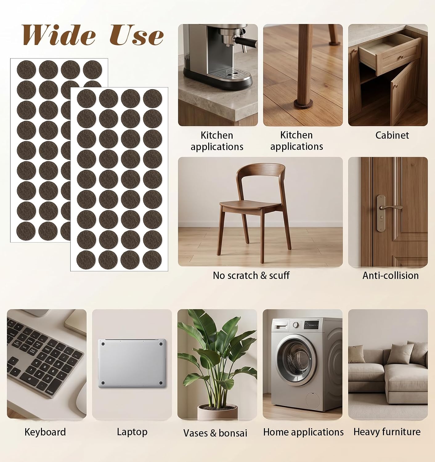 72 PCS Felt Chair Pads, 1/2 Furniture Felt Pads for Hardwood Floors | 1/2 Inch Felt Pads for Chair Legs, Brown, Self-Adhesive, Felts Bumpers, For Quiet Closing, 3/4 Inch Diameter
