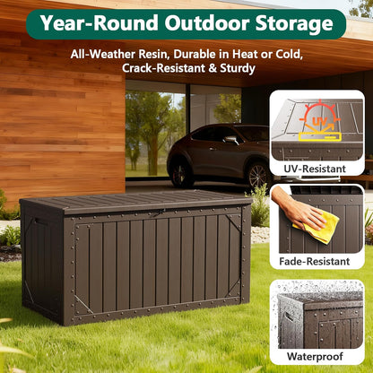Outdoor Storage Box, 98 Gallon Deck Box, Outdoor Storage Bench, Waterproof Resin Storage Bench with Lockable Lid, Patio Furniture Cushions & Garden Tools Storage, UV Resistant (Black)