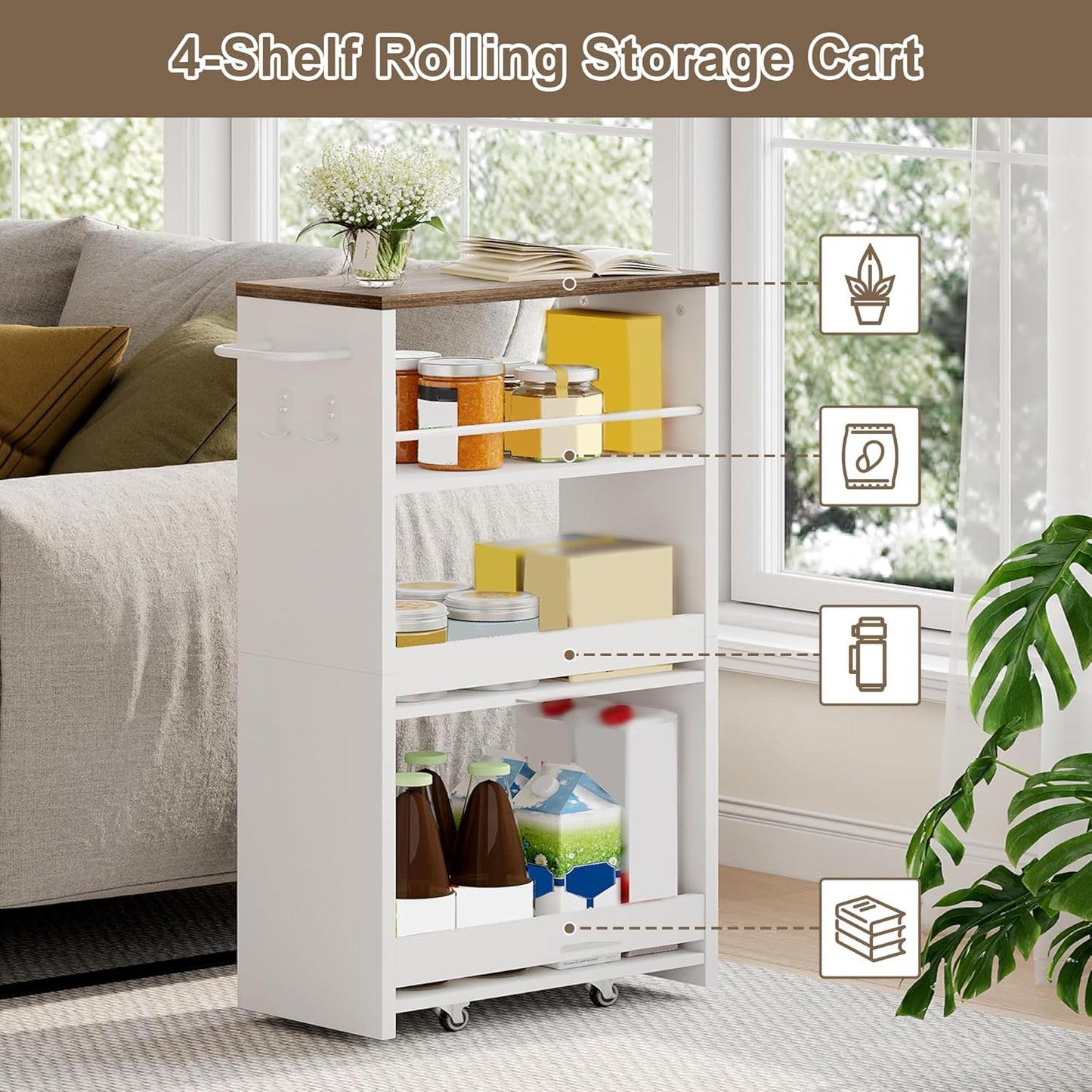 ChooChoo 4-Tier Slim Storage Cart, 7.87 inches Wide Narrow Storage Cabinet with 360° Wheels and 2 Hooks, Space-Saving Organizer for Kitchen, Narrow Places, Dining Room, Walnut+White