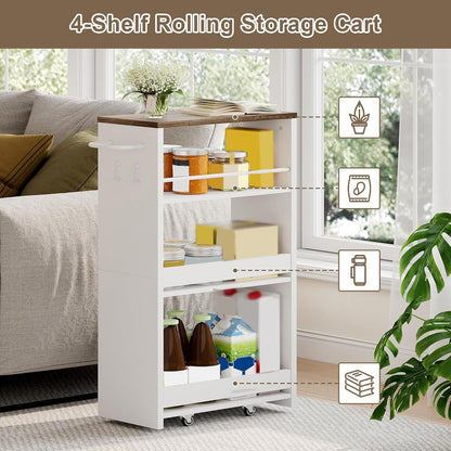 ChooChoo 4-Tier Slim Storage Cart, 7.87 inches Wide Narrow Storage Cabinet with 360° Wheels and 2 Hooks, Space-Saving Organizer for Kitchen, Narrow Places, Dining Room, Walnut+White