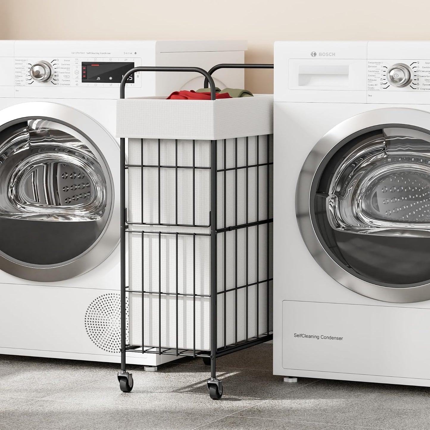 2 Section Laundry Hamper with Wheels and Brake, 100L Laundry Sorter Cart with 2 Removable Liner Bags, Metal Handle, Rolling Laundry Basket for Bedroom Laundry Room