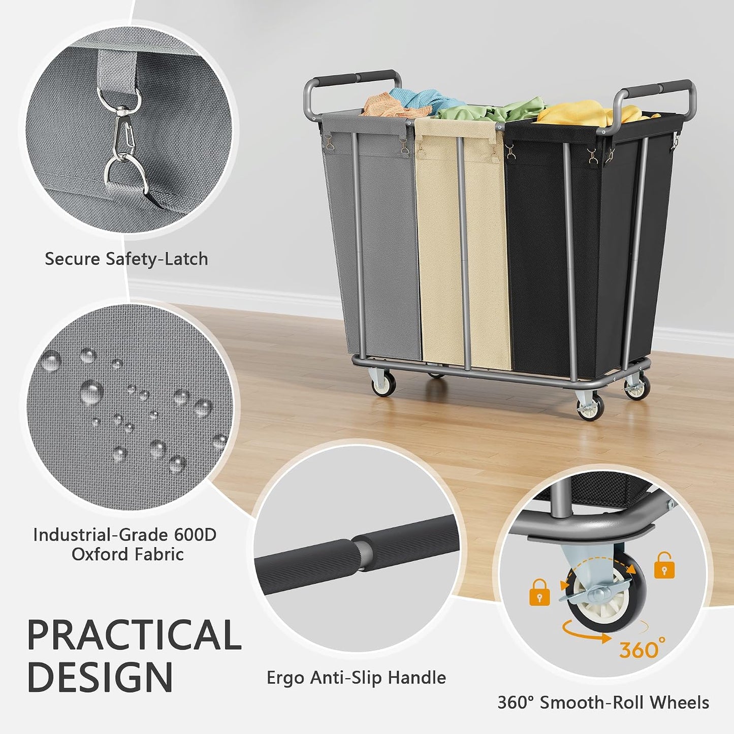 Gewudraw Large laundry hamper with Wheels, 3 Bag Big Rolling Laundry Hamper Sorter Cart, Extra Large Laundry Clothes Hamper, Heavy Duty Laundry Basket Organizer for Laundry Room,Bathroom,Black