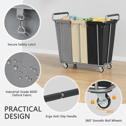 Gewudraw Large laundry hamper with Wheels, 3 Bag Big Rolling Laundry Hamper Sorter Cart, Extra Large Laundry Clothes Hamper, Heavy Duty Laundry Basket Organizer for Laundry Room,Bathroom,Black