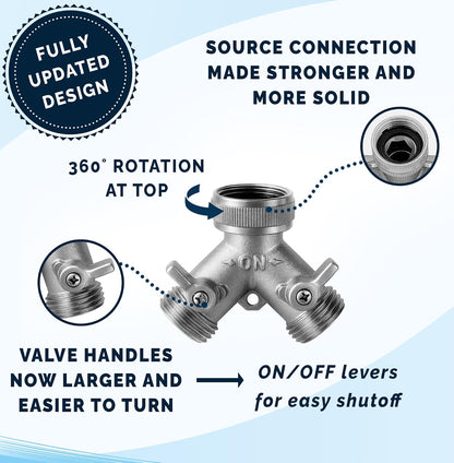 Morvat Heavy Duty Nickel Plated Brass 2 way Y Splitter Garden Hose Hexagonal Connector with Comfortable Grip Shut Off Valves, Adapter for Water Tap, Outlet, & Spigot, Includes 2 Extra Rubber Washers