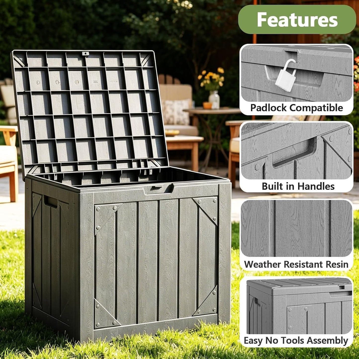 Outdoor Storage Box, 98 Gallon Deck Box, Outdoor Storage Bench, Waterproof Resin Storage Bench with Lockable Lid, Patio Furniture Cushions & Garden Tools Storage, UV Resistant (Black)