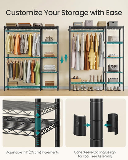 SONGMICS Heavy-Duty Clothes Rack, Garment Rack, Portable Closet, 68.7-Inch Wide Clothing Rack with Adjustable Mesh Shelves and Hanging Rails, Ink Black ULGR433B01