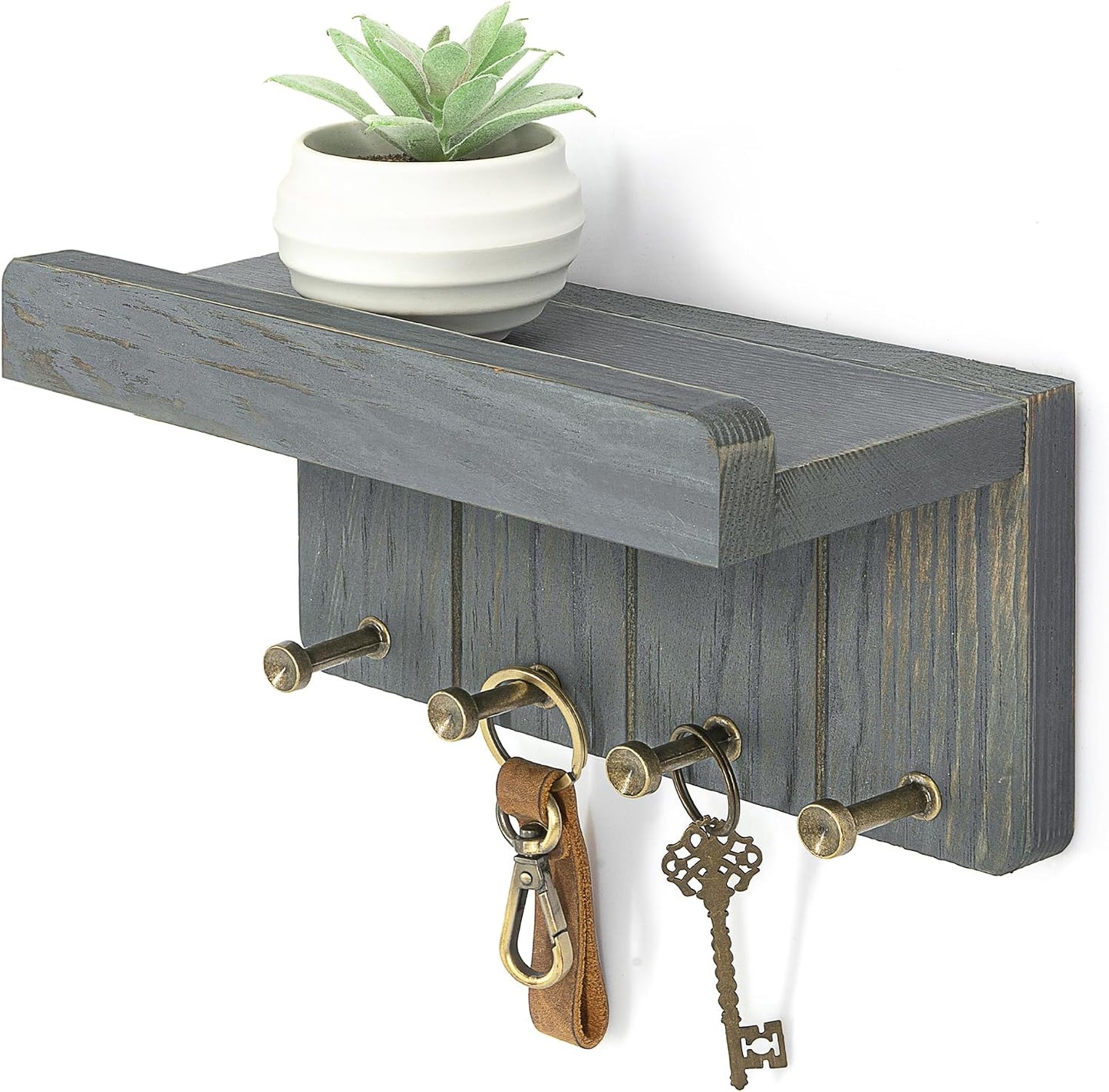 Rebee Vision Small Key Holder Wall Mount for Farmhouse Decor - Key and Mail Holder for Wall with Shelf and 4 Key Hooks - Room Decor Aesthetic (Distressed Blue)