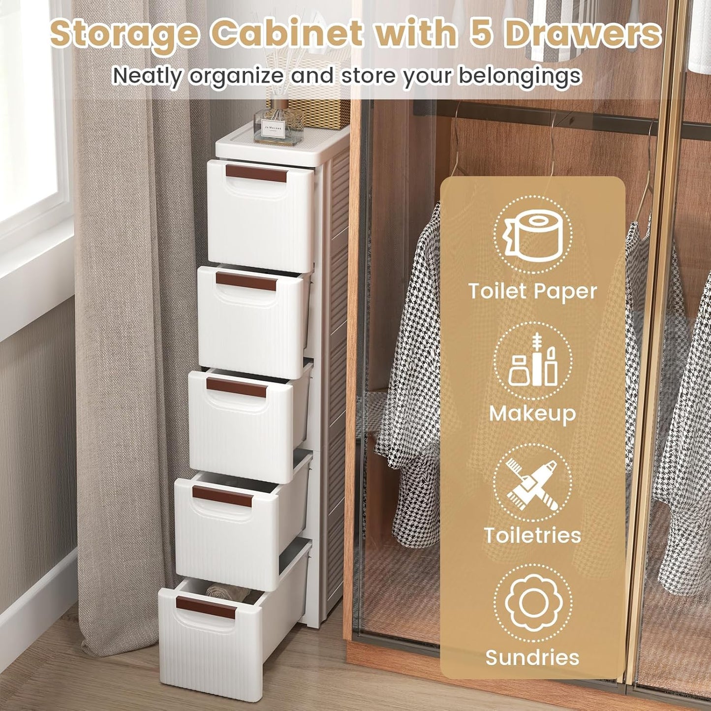 LOKO 6-Drawer Narrow Storage Cabinet, Slim Rolling Cart, Mobile Plastic Cart Container with Pull Handles, Built-in Wheels, for Living Room, Kitchen, Bathroom, Office (7.5"x16.5"x43" (6 Drawer))