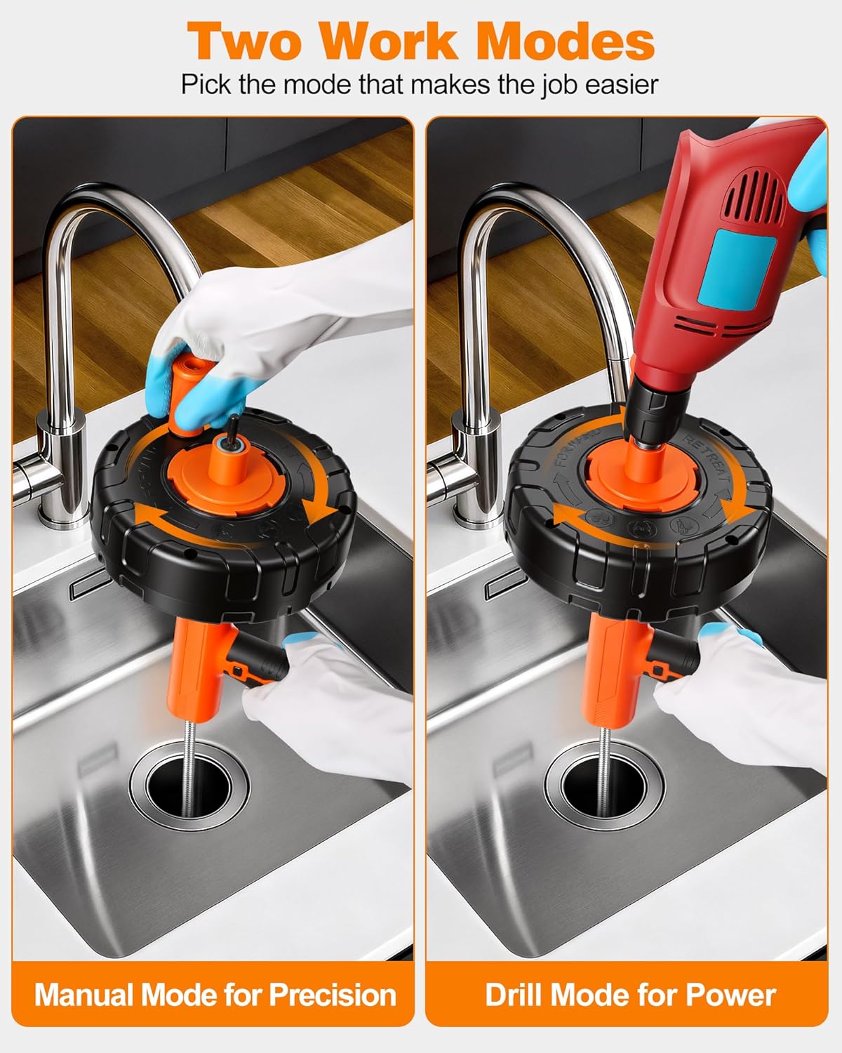 Drain Auger 33 ft, Auto Feed Drain Snake with Drill Adapter, Heavy Duty Plumbing Snake Hair Clog Remover Tool Kit with Gloves & Brushes for Kitchen Sink Shower Bathtub Bathroom Toilet Clog Removal