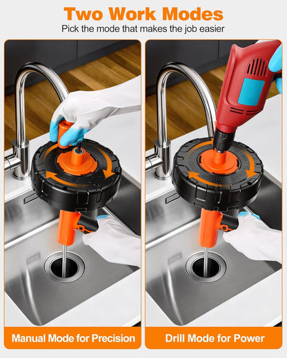Drain Auger 33 ft, Auto Feed Drain Snake with Drill Adapter, Heavy Duty Plumbing Snake Hair Clog Remover Tool Kit with Gloves & Brushes for Kitchen Sink Shower Bathtub Bathroom Toilet Clog Removal