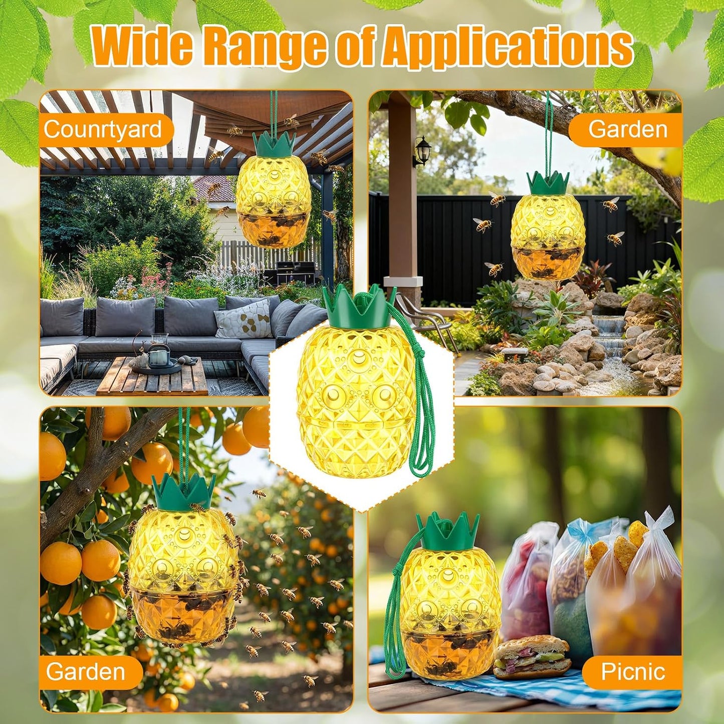 4 Pack Wasp Trap Outdoor Hanging, Reusable Yellow Jacket & Hornet Trap with Bait Reservoir, Durable Outdoor Bee Catcher for Garden, Patio, Orchard, Pineapple Design