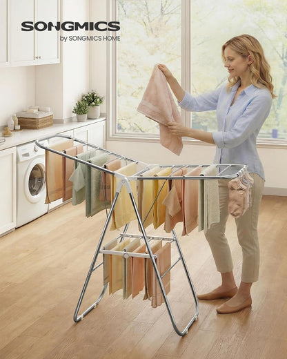 SONGMICS Clothes Drying Rack, Foldable Laundry Drying Rack, Blue | Sock Clips, Metal Clothes Airer with Height-Adjustable Gullwings, Space-Saving, Indoor Outdoor, ULLR505EQ01