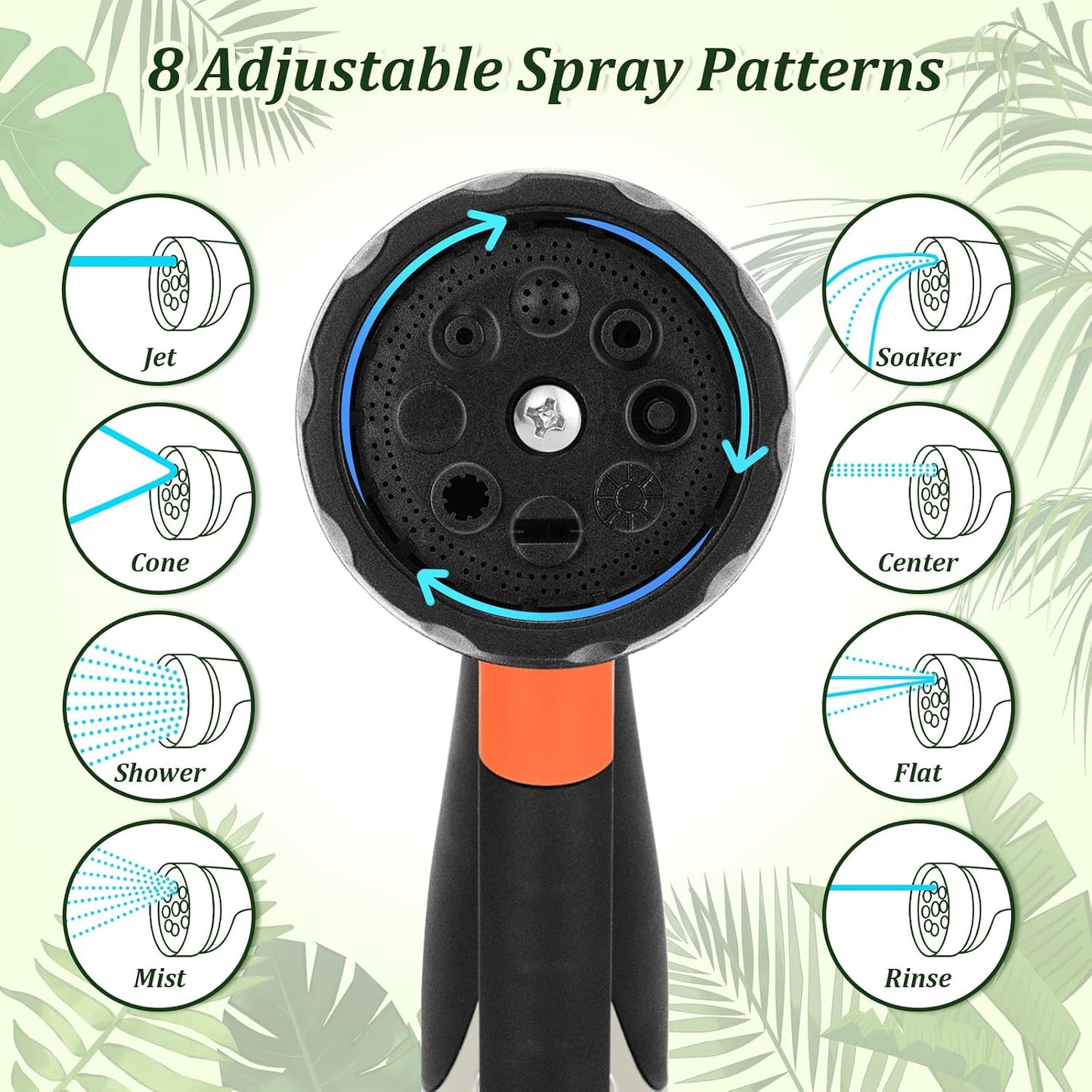 Garden Hose Nozzle, Heavy Duty Metal Water Nozzle with 8 Adjustable Spray Patterns, High Pressure Ergonomic Flow Control for Watering Plants, Lawns, Washing Cars, Pets, Black with Green