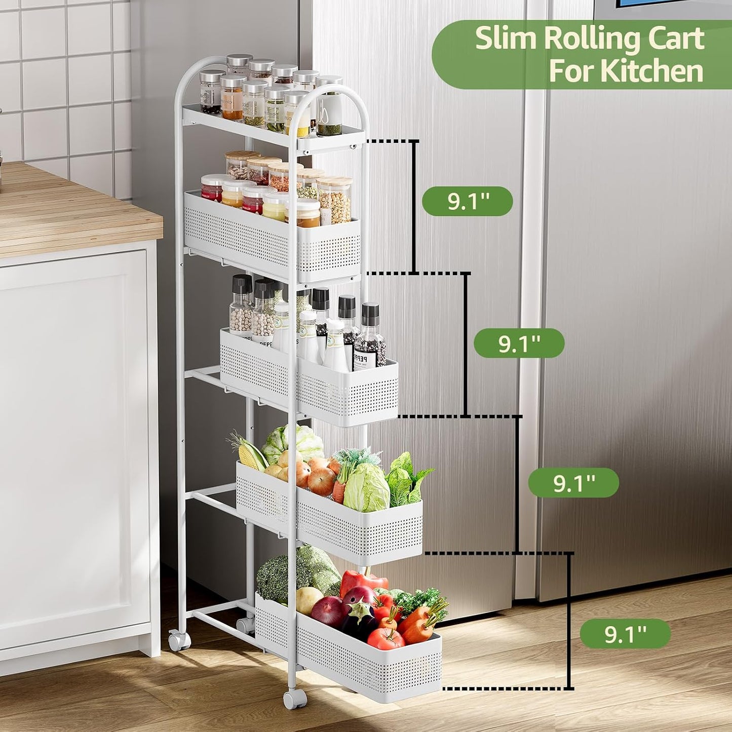 KINGRACK Slim Storage Cart with Drawer, 5-Tier Rolling Utility Cart on Wheels, Narrow Metal Cart for Space Save, Easy Assembly for Kitchen Cart, Craft Cart, Laundry, Bathroom, Nursery Organizer