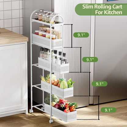 KINGRACK Slim Storage Cart with Drawer, 5-Tier Rolling Utility Cart on Wheels, Narrow Metal Cart for Space Save, Easy Assembly for Kitchen Cart, Craft Cart, Laundry, Bathroom, Nursery Organizer