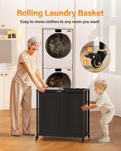 Laundry Hamper Sorter 2 Section 103L: Rolling Laundry Basket Organizer with Wheels & Shelf & Oxford Fabric Bags - Clothes Hamper with Shelf 2 Compartment for Room Organization and Storage