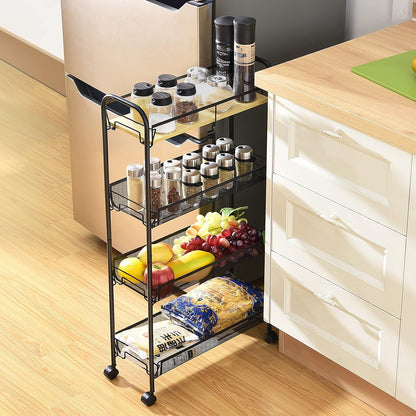 KINGRACK 4-Tier Slim Rolling Cart with Wooden Tabletop, Easy Assemble Metal Utility Cart, Slide Out Narrow Storage Cart for Narrow Space on Bedroom Bathroom Laundry Room Apartments Dormitory, Pink