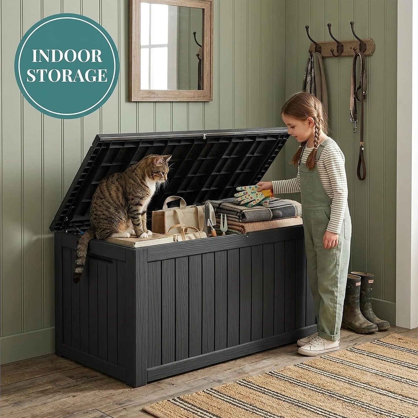 270 Gallon Lockable Resin Outdoor Storage Box, Waterproof & Weather Resistant Deck Box for Patio Cushion, Garden Tools & Pool Accessories, Black