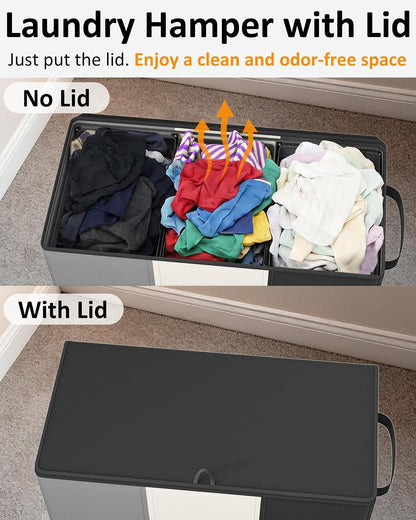 Optish 180L Laundry Hamper 3 Section, Large Laundry Hamper with Lid, Dirty Clothes Hampers with 3 Inner Bags, Laundry Basket Organizer for Laundry, Bedroom, Bathroom, Hamper 3 Compartment, Black