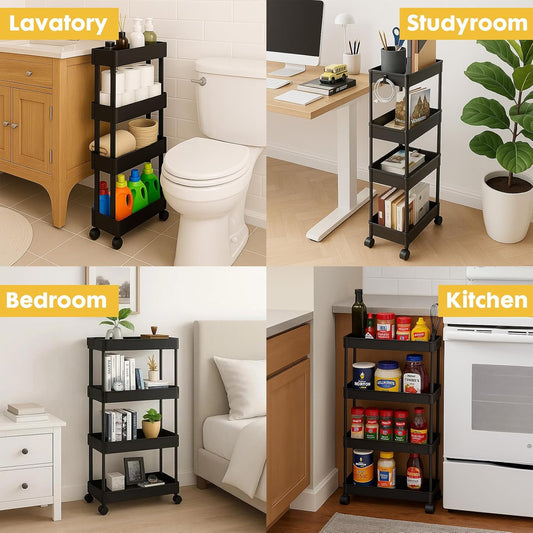ShellKingdom 4 Tier Bathroom Storage Organizer, Slim Rolling Storage Cart for Narrow Space, Mobile Shelving Unit with Lockable Wheels and Hooks for Bathroom, Kitchen, Laundry Movable Shelf (Green)