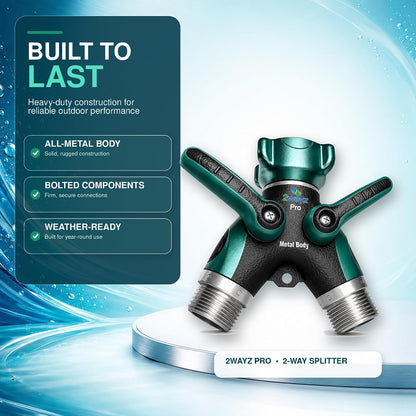 2WAYZ Hose Splitter 2 Way Heavy Duty Outdoor Faucet and Garden Connector - Water Spigot Splitter - Durable All-Metal Y Adapter with Shut-Off Valve - 4 x 4 x 1.5 Inches