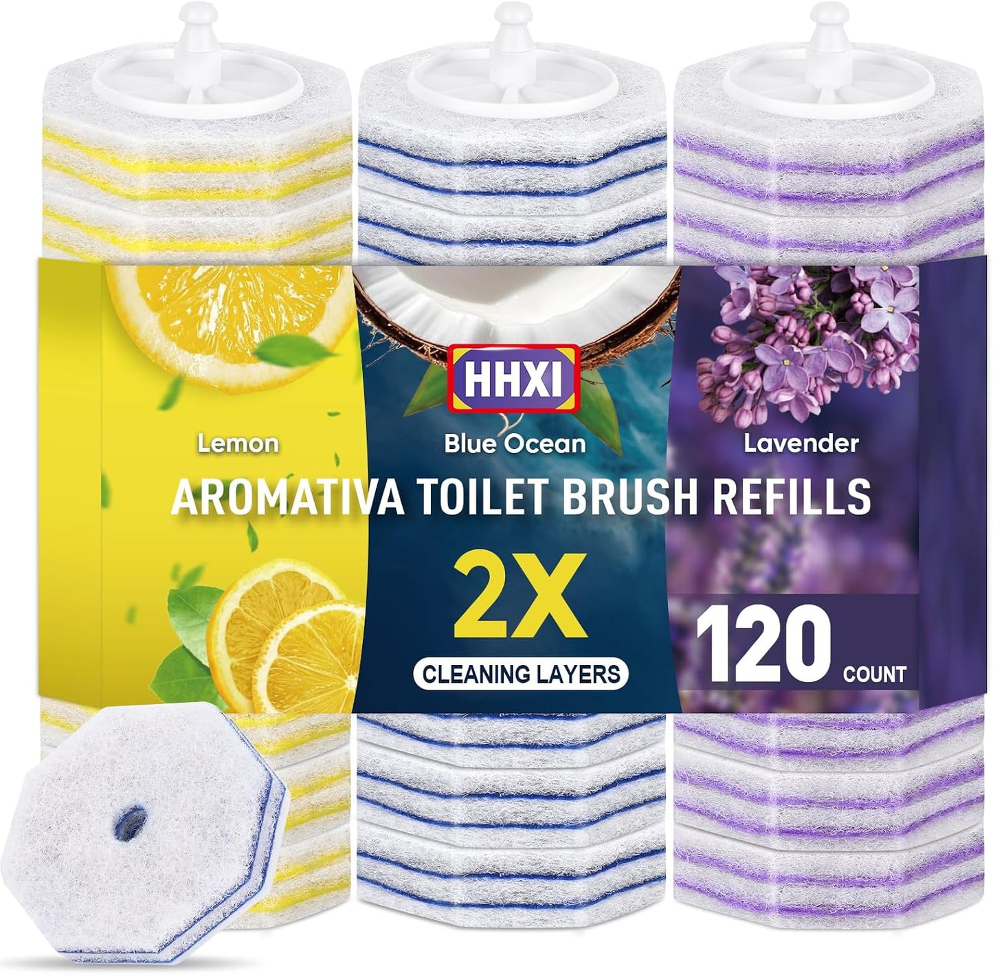 15Ct Aromative Toilet Brush Refills, Toilet Bowl Cleaner Refills, Double-Layer Cleaning Pads Added, Disposable Refill Heads for Toilet Bowl Cleaner Wands，Lemon, Blue Ocean, Lavender （Patented）