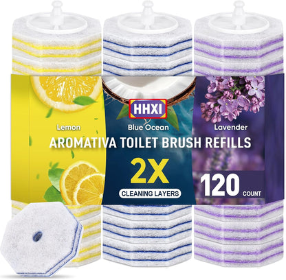 15Ct Aromative Toilet Brush Refills, Toilet Bowl Cleaner Refills, Double-Layer Cleaning Pads Added, Disposable Refill Heads for Toilet Bowl Cleaner Wands，Lemon, Blue Ocean, Lavender （Patented）