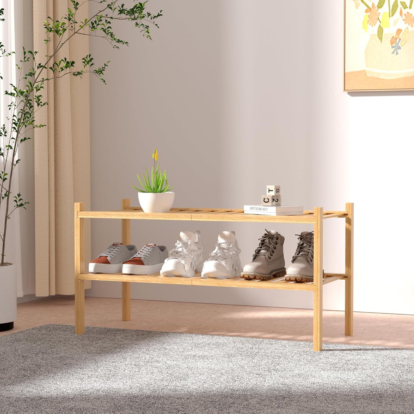 ROMGUAR CRAFT 3 Tier Bamboo Shoe Rack for Closet Free Standing Wood Shoe Shelf Storage Organizer for Entryway Small Space Stackable 27"x11"x20" (Natural)