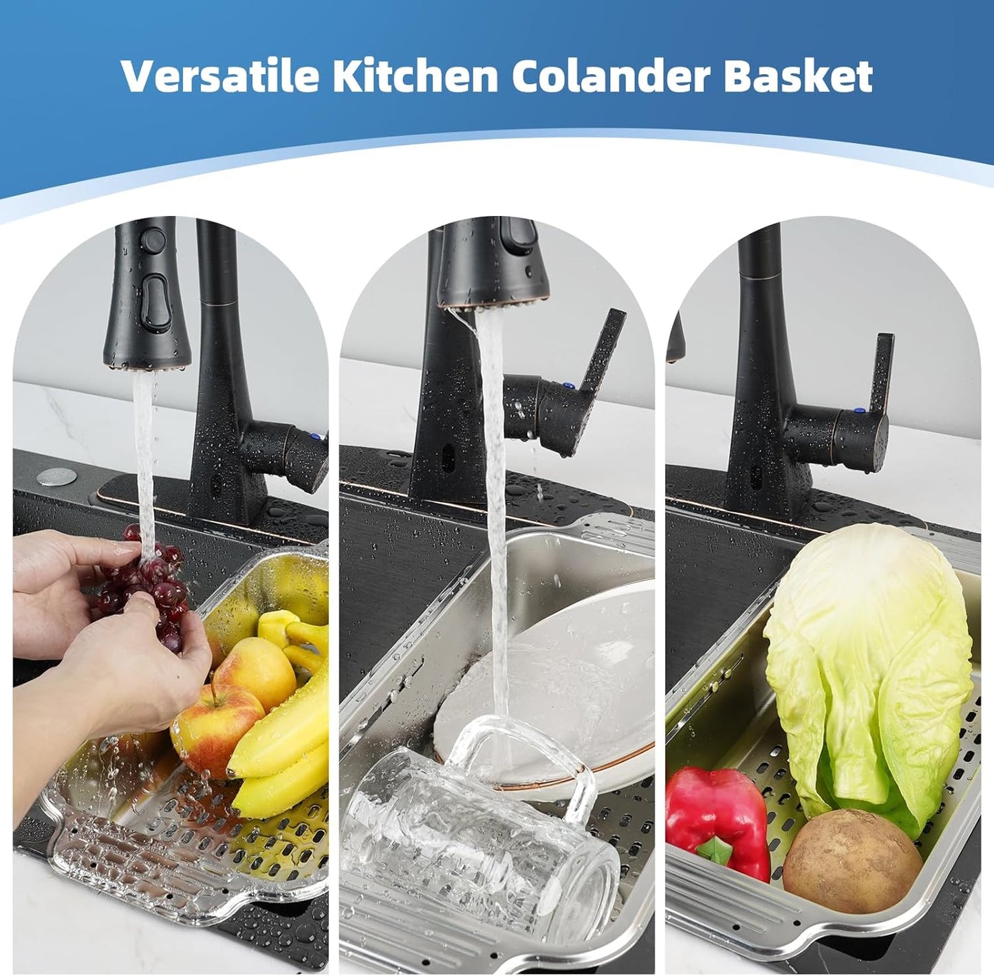 Over the Sink Colander Strainer Basket, ALL METAL Extendable Drain Colander | For Wash Vegetables and Fruits Dry Dishes, 6 Quart Large Size, New Home Kitchen Essentials